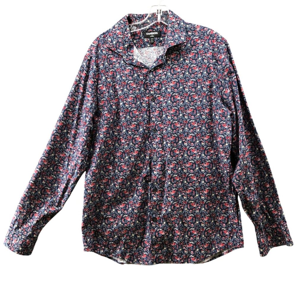 Express Long Sleeve Dress Shirt Mens L Floral Blue Multicolor Classic 16-16.5